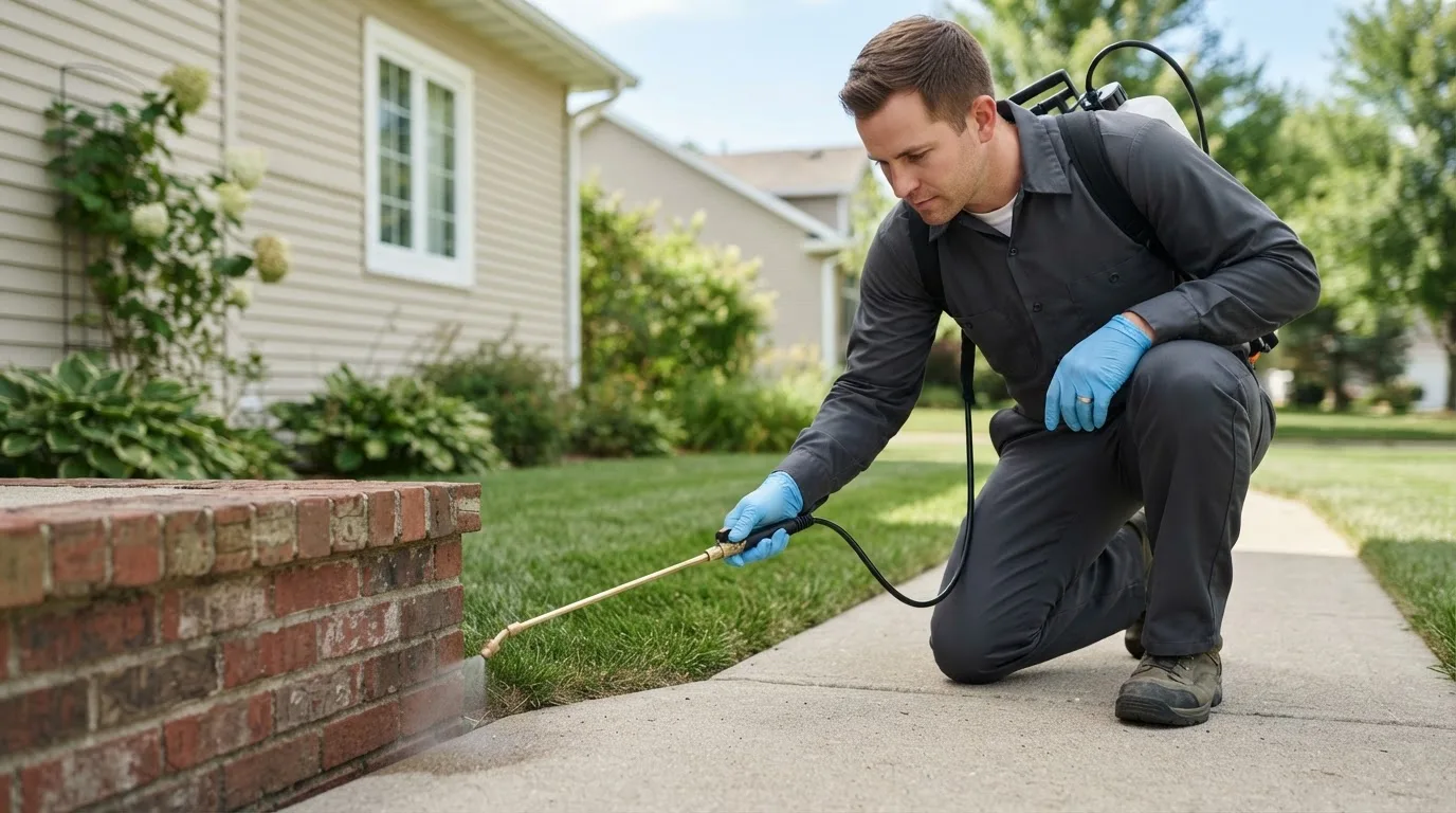 Pest control technician treating a home near Bronwood, GA