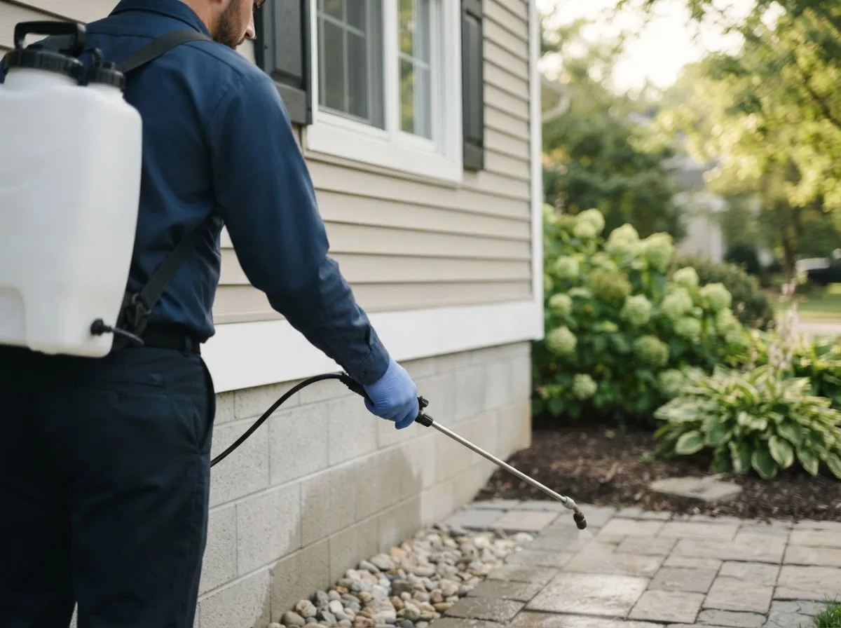 Pest control technician inspecting a home in Bronwood, GA